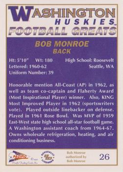 1992 Pacific Greats Washington Huskies #26 Bob Monroe Back