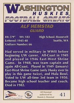 1992 Pacific Greats Washington Huskies #41 Alf Hemstad Back