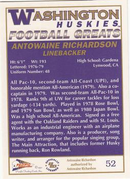 1992 Pacific Greats Washington Huskies #52 Antowaine Richardson Back