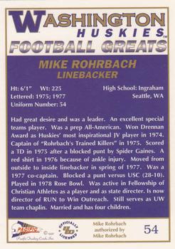 1992 Pacific Greats Washington Huskies #54 Mike Rohrbach Back