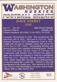 1992 Pacific Greats Washington Huskies #63 Dave Nisbet Back