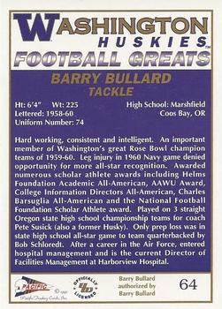 1992 Pacific Greats Washington Huskies #64 Barry Bullard Back