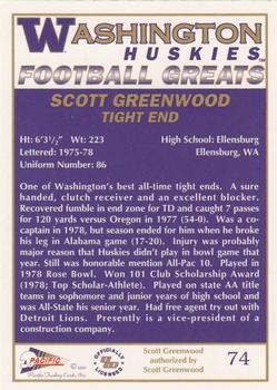 1992 Pacific Greats Washington Huskies #74 Scott Greenwood Back