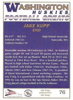 1992 Pacific Greats Washington Huskies #76 Jake Kupp Back