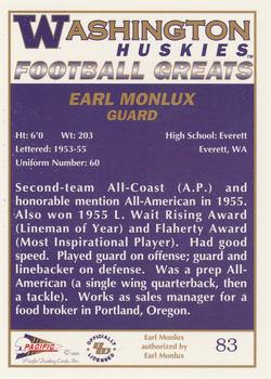1992 Pacific Greats Washington Huskies #83 Earl Monlux Back