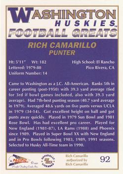 1992 Pacific Greats Washington Huskies #92 Rich Camarillo Back