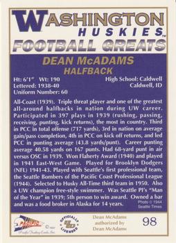 1992 Pacific Greats Washington Huskies #98 Dean McAdams Back