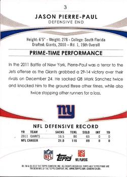 2012 Topps Prime (Retail) - Blue #3 Jason Pierre-Paul Back