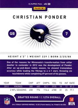2012 Panini Totally Certified #43 Christian Ponder Back