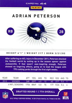 2012 Panini Totally Certified #44 Adrian Peterson Back