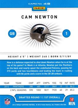 2012 Panini Totally Certified #49 Cam Newton Back