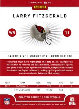 2012 Panini Totally Certified #64 Larry Fitzgerald Back