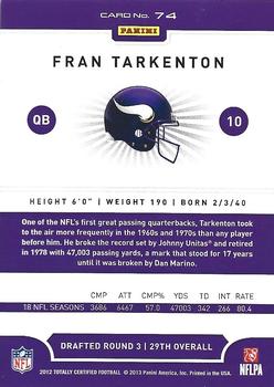 2012 Panini Totally Certified #74 Fran Tarkenton Back