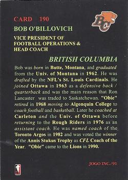 1991 JOGO #190 Bob O'Billovich Back