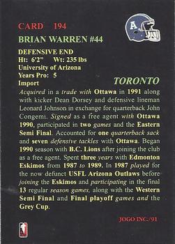 1991 JOGO #194 Brian Warren Back