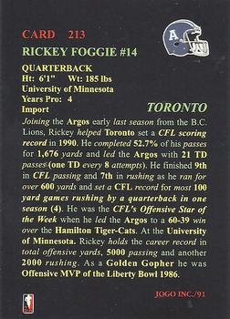 1991 JOGO #213 Rickey Foggie Back