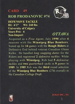 1991 JOGO #49 Rob Prodanovic Back