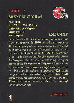 1991 JOGO #71 Brent Matich Back