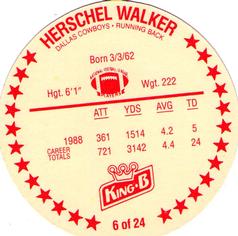 1989 King B Discs #6 Herschel Walker Back