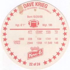 1989 King B Discs #22 Dave Krieg Back