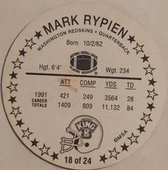 1992 King B Discs #18 Mark Rypien Back