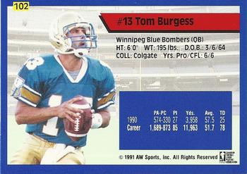 1991 All World CFL #102 Tom Burgess Back