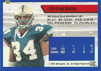 1991 All World CFL #98 Greg Battle Back