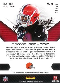 2012 Panini Momentum - Rookie Salute Signatures #32 Travis Benjamin Back