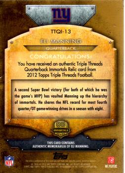 2012 Topps Triple Threads - Quarterback Immortal Relics Gold #TTQI-13 Eli Manning Back