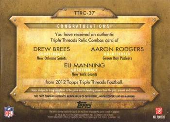 2012 Topps Triple Threads - Relic Combos Gold #TTRC-37 Drew Brees / Aaron Rodgers / Eli Manning Back