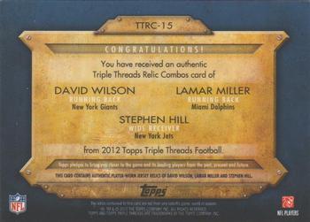 2012 Topps Triple Threads - Relic Combos Sapphire #TTRC-15 David Wilson / Lamar Miller / Stephen Hill Back