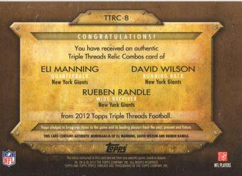 2012 Topps Triple Threads - Relic Combos Sepia #TTRC-8 Eli Manning / David Wilson / Rueben Randle Back