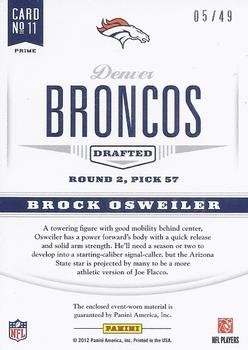 2012 Panini Certified - Certified Rookie Materials Prime #11 Brock Osweiler Back