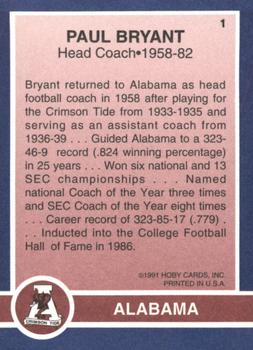 1991 Hoby Stars of the SEC #1 Paul Bryant Back