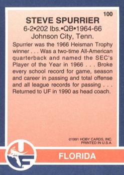 1991 Hoby Stars of the SEC #100 Steve Spurrier Back