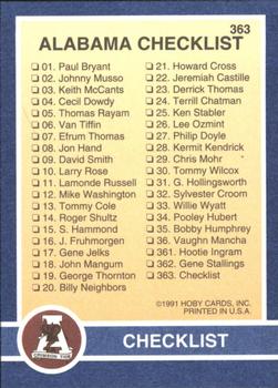 1991 Hoby Stars of the SEC #363 Alabama Checklist Back