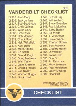 1991 Hoby Stars of the SEC #389 Vanderbilt Checklist Back