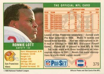 1989-90 Pro Set Super Bowl XXIV Binder #379 Ronnie Lott Back