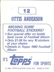 1983 Topps Stickers #12 Ottis Anderson Back