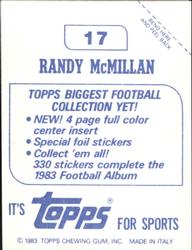 1983 Topps Stickers #17 Randy McMillan Back