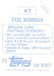 1983 Topps Stickers #47 Paul McDonald Back