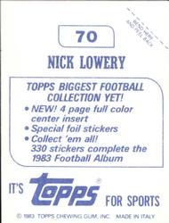 1983 Topps Stickers #70 Nick Lowery Back
