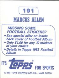 1983 Topps Stickers #191 Marcus Allen Back