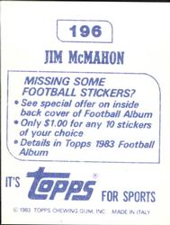 1983 Topps Stickers #196 Jim McMahon Back