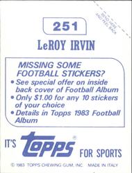 1983 Topps Stickers #251 LeRoy Irvin Back