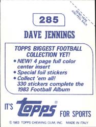 1983 Topps Stickers #285 Dave Jennings Back
