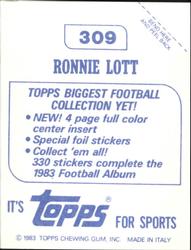 1983 Topps Stickers #309 Ronnie Lott Back