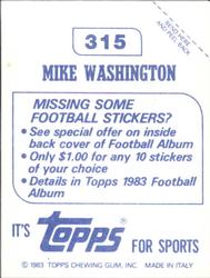 1983 Topps Stickers #315 Mike Washington Back
