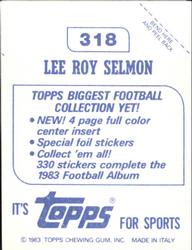 1983 Topps Stickers #318 Lee Roy Selmon Back