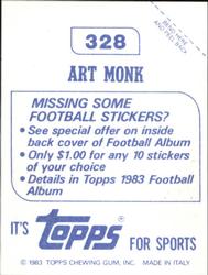 1983 Topps Stickers #328 Art Monk Back
